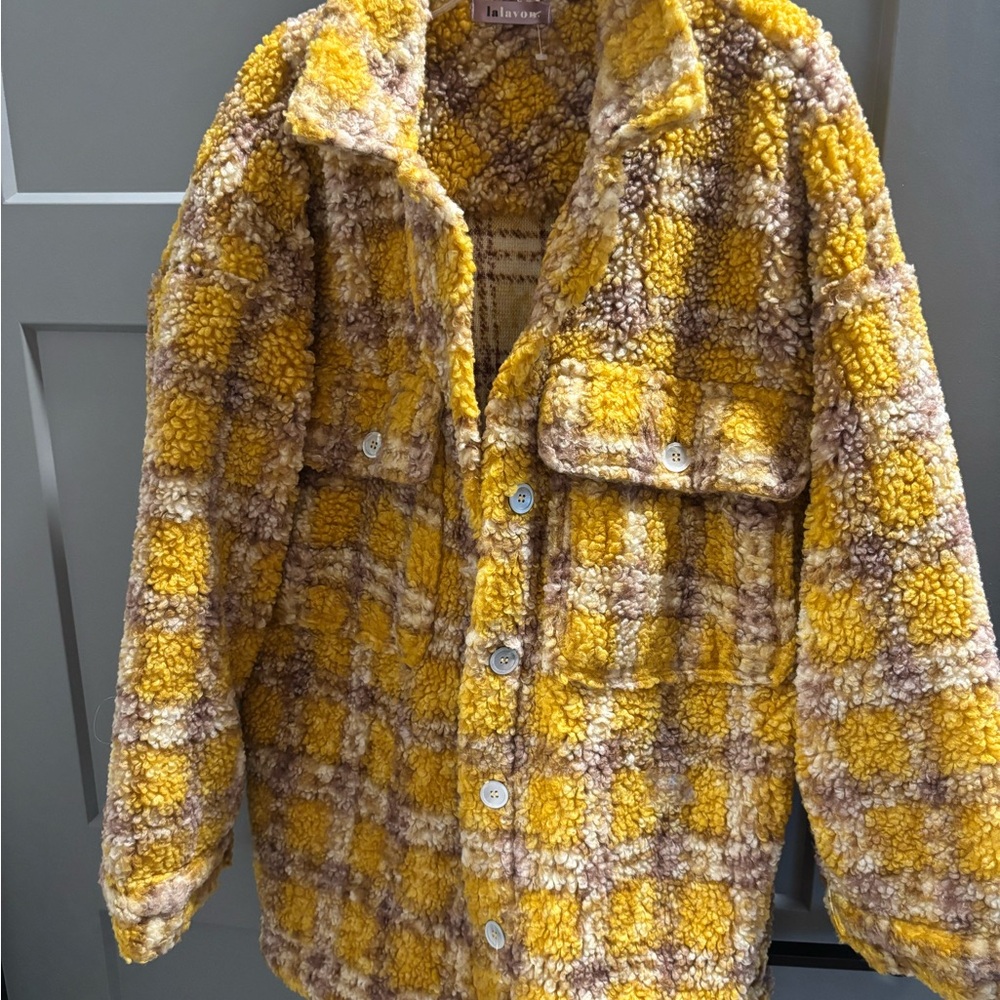 LaLavon. Yellow and Brown Checkered Teddy Jacket